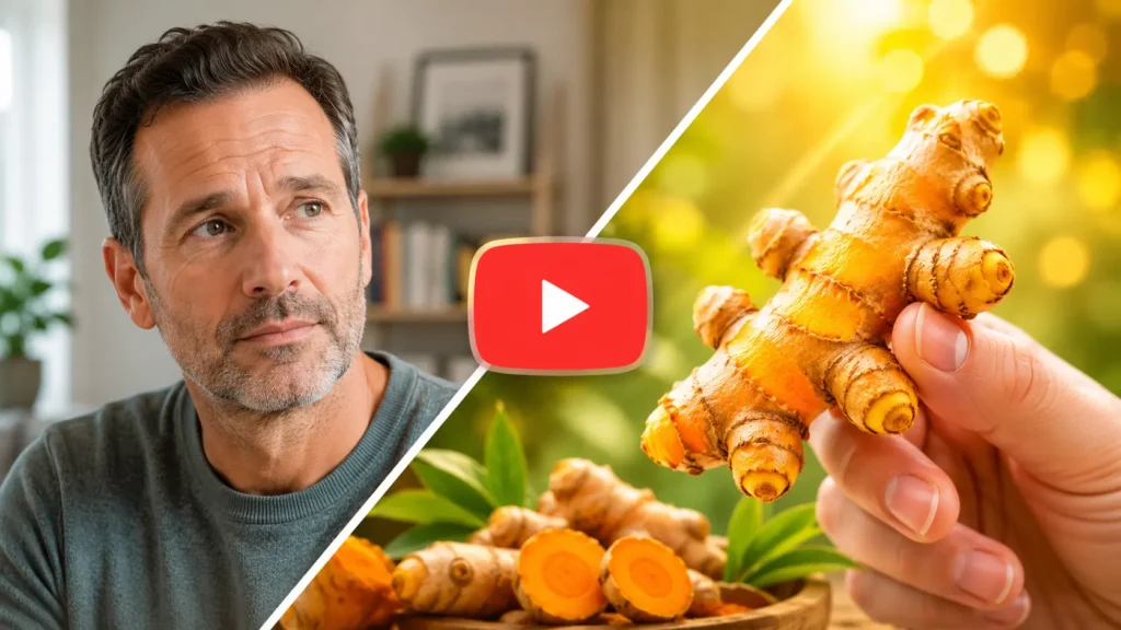 Middle-aged man with a concerned expression next to an image of fresh turmeric root held in hand, with a YouTube play button overlay — illustration for a presentation on natural approaches to peripheral neuropathy
