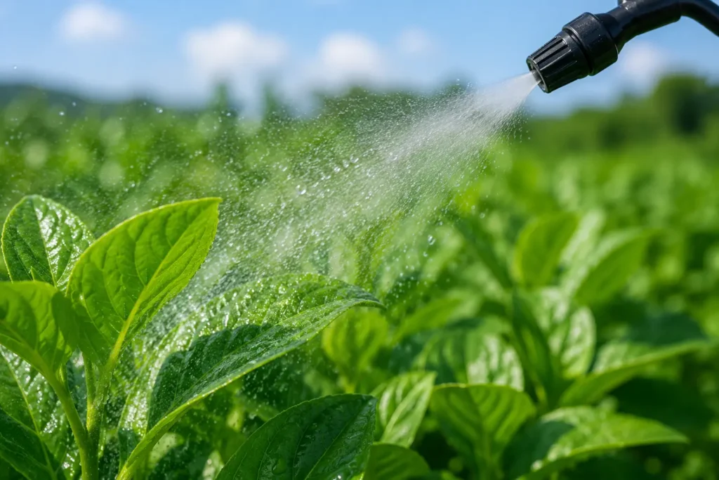 Pesticide sprayer over green crops — glyphosate exposure depleting B vitamins essential for nerve health