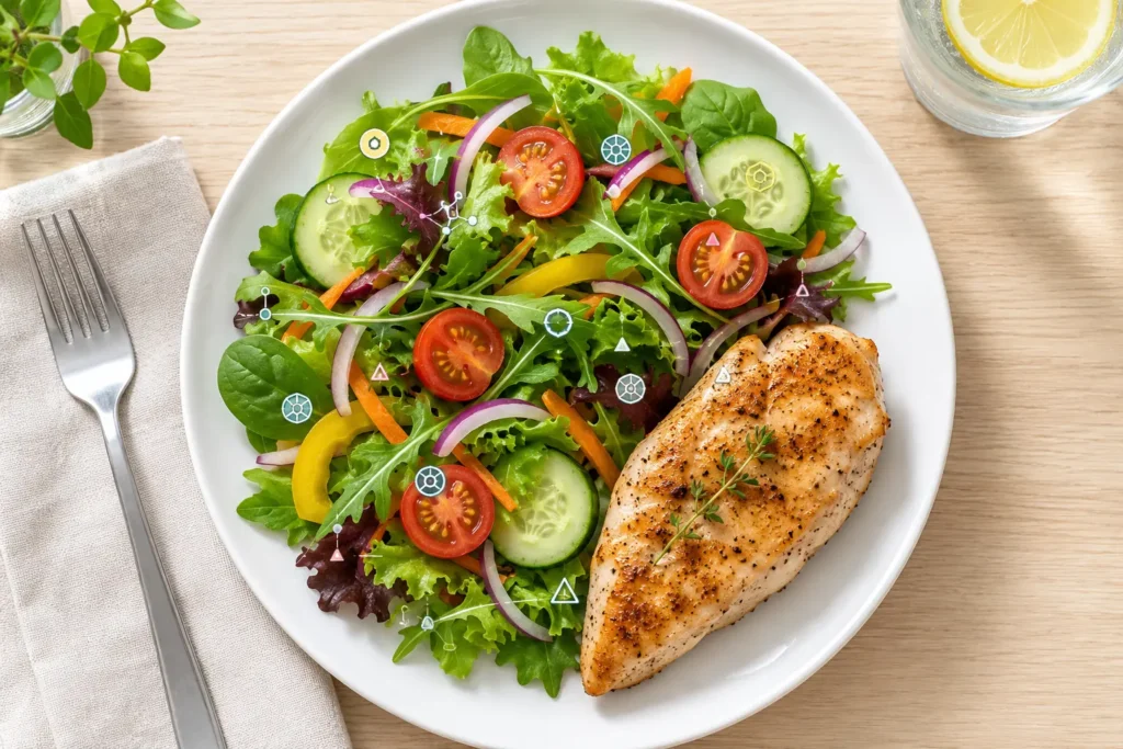 Healthy meal with salad and grilled chicken — diet and nutrition in the context of nerve damage and MMP13 enzyme activity