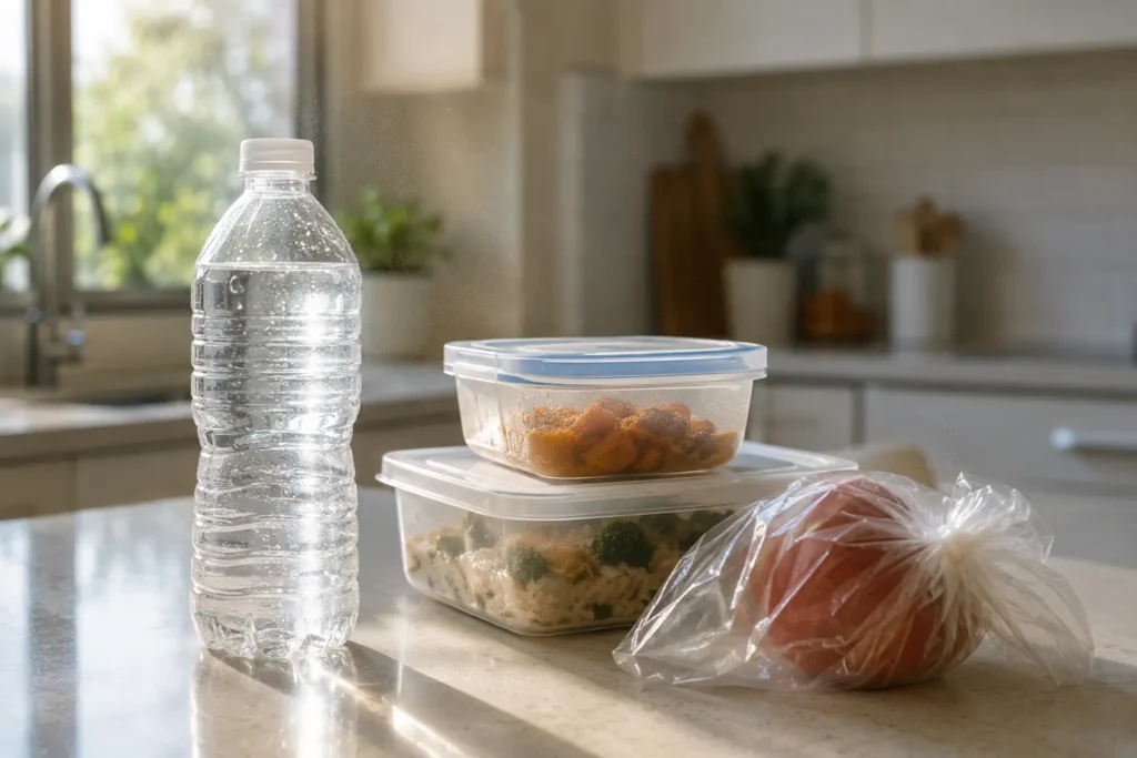 Everyday kitchen items on a countertop — a plastic water bottle, plastic food containers, and produce wrapped in plastic — with soft sunlight highlighting fine particles in the air.