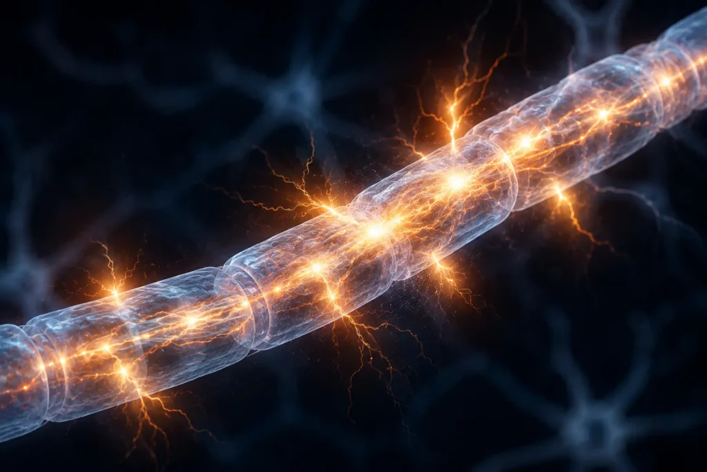 3D medical illustration of a nerve fiber with erratic orange electrical signals sparking along its length, depicting nerve misfiring.