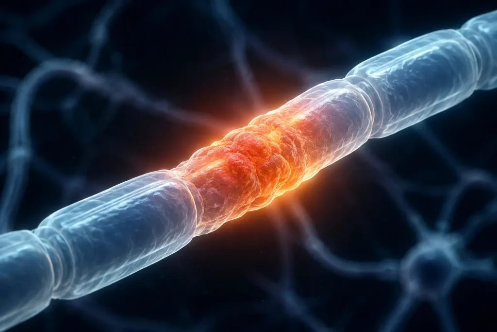 3D medical illustration of a nerve fiber with a glowing red-orange irritated section contrasting against the healthy blue sections on either side.