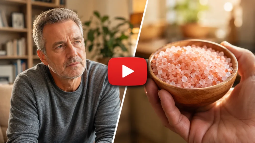 Split-screen image: concerned man in his 50s in a cozy living room on the left, and a hand holding a wooden bowl of pink Himalayan salt granules on the right, with a YouTube play button in the center.