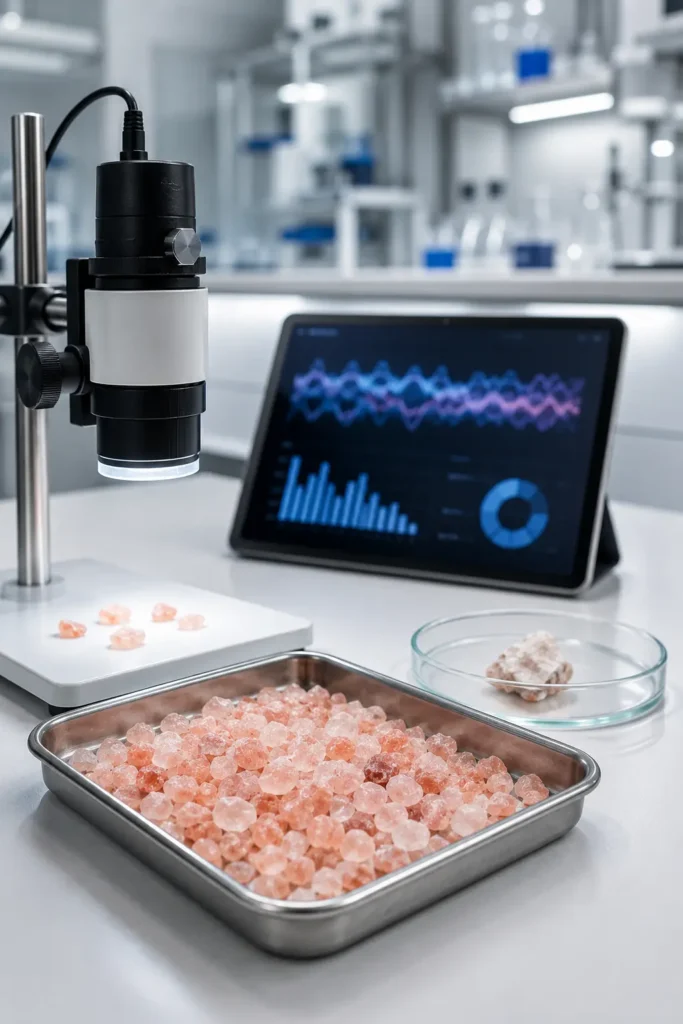 Modern lab bench with a tray of pink Himalayan salt crystals, a digital microscope, a petri dish with a mineral sample, and a tablet displaying abstract data charts.